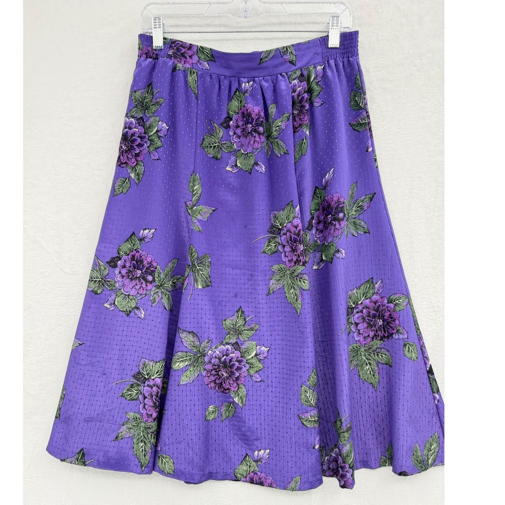 Vintage Pyke Limited Purple Floral Swiss Dot Midi Skirt 12 Pull On Grannycore